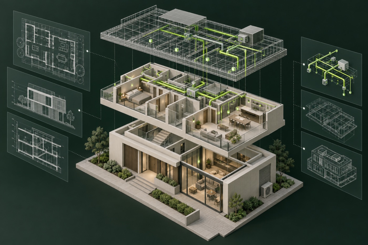 Illustration connecting architectural drawings, a 3D building model and smart-building systems
